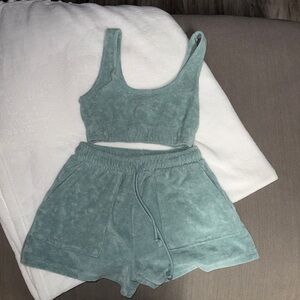 Zara Green Terry Cloth Crop Top and Shorts Set Womens Size small